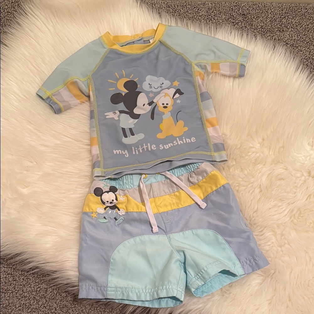 Disney Mickey Mouse Baby swim/rash guard top is size 12-18 months&short 9-12 mon